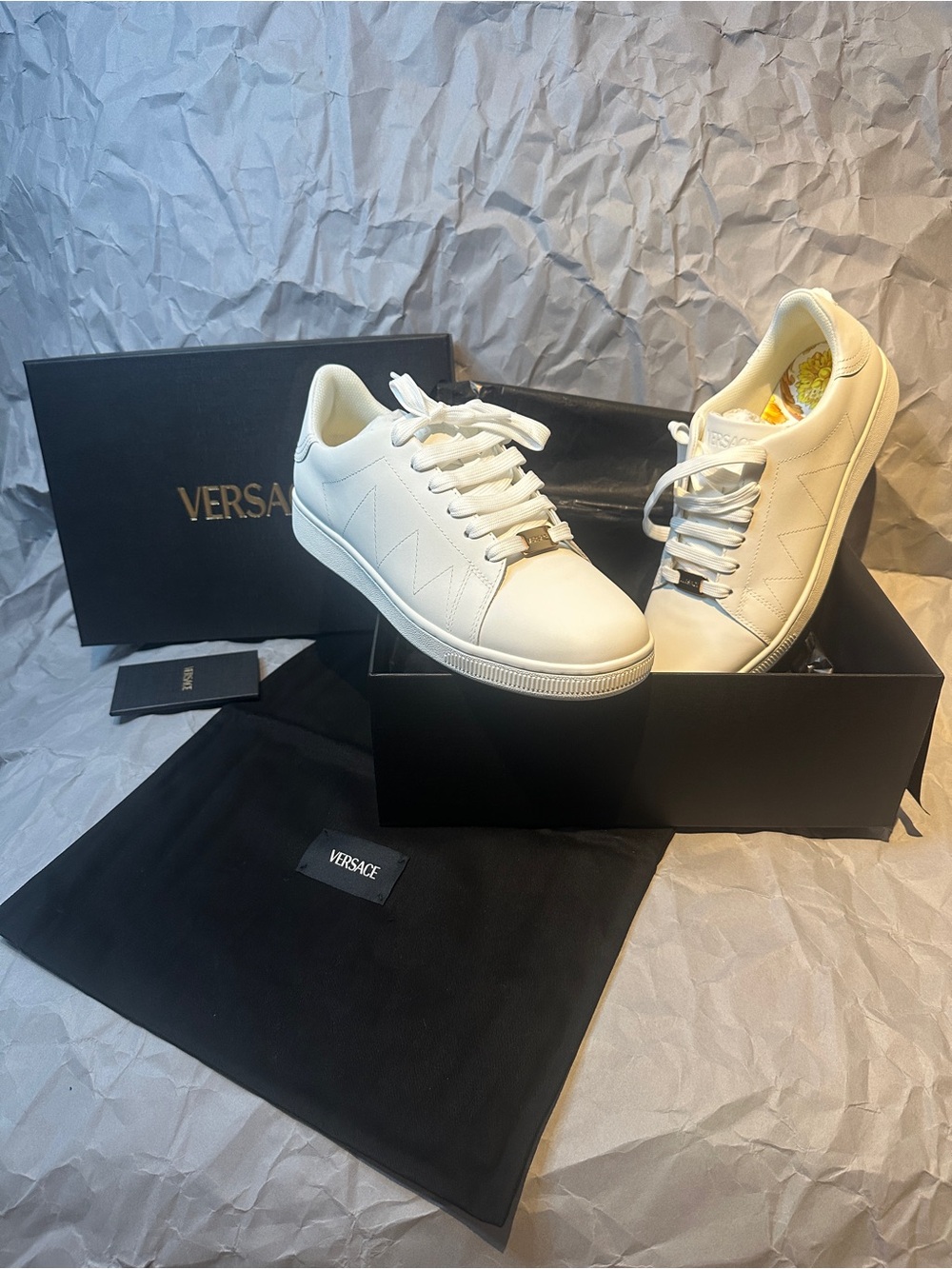 Versace Men’s/women’s White Leather Low-Top Sneakers with Gold Medusa Accent